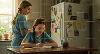 Mother and Daughter Doing Homework in Cozy Kitchen