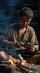 Young Artisan Focused on Detailed Wood Carving by Firelight