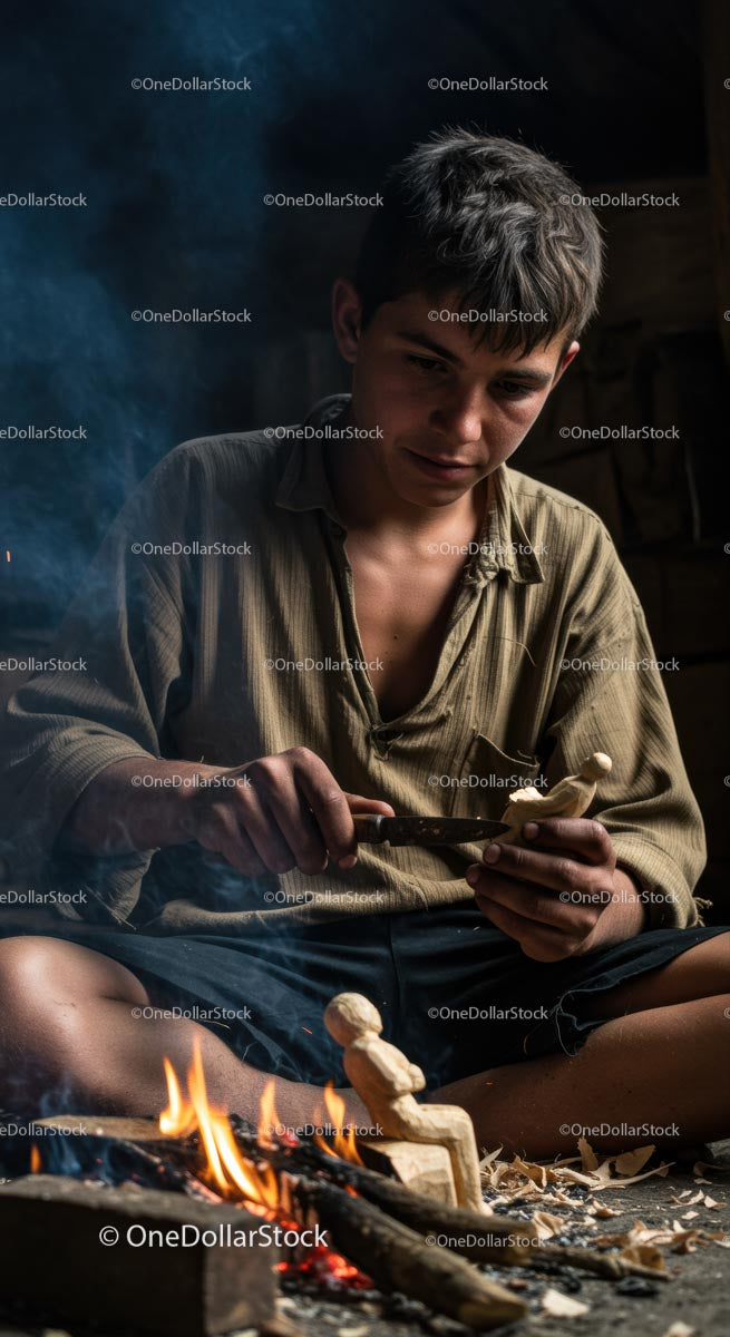 Young Artisan Focused on Detailed Wood Carving by Firelight