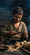 Young Artisan Skillfully Carving Wood in Rustic Workshop