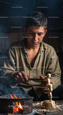 Young Artisan Carving Wood by Firelight