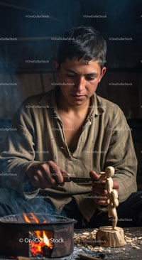 Young Artisan Carving Wood by Firelight