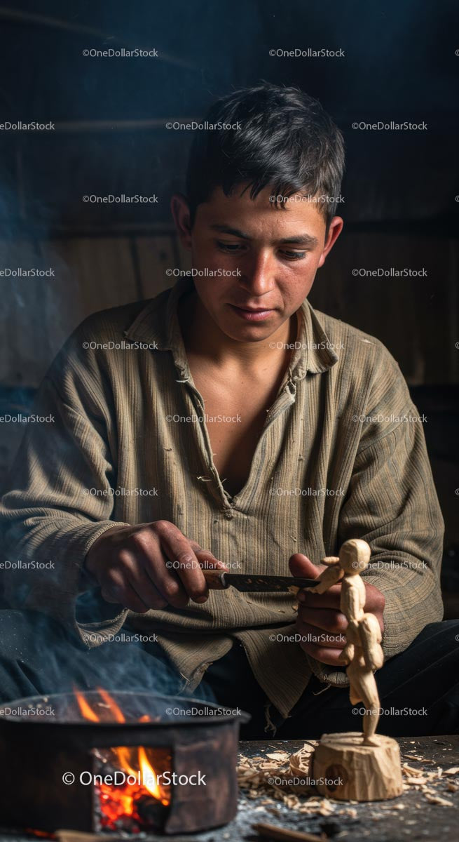 Young Artisan Carving Wood by Firelight