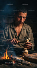 Artisan Carving Wood by Firelight