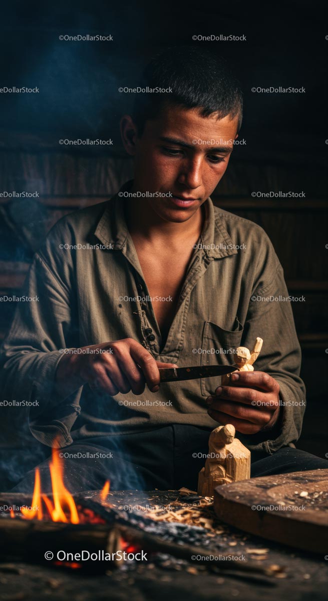 Artisan Carving Wood by Firelight