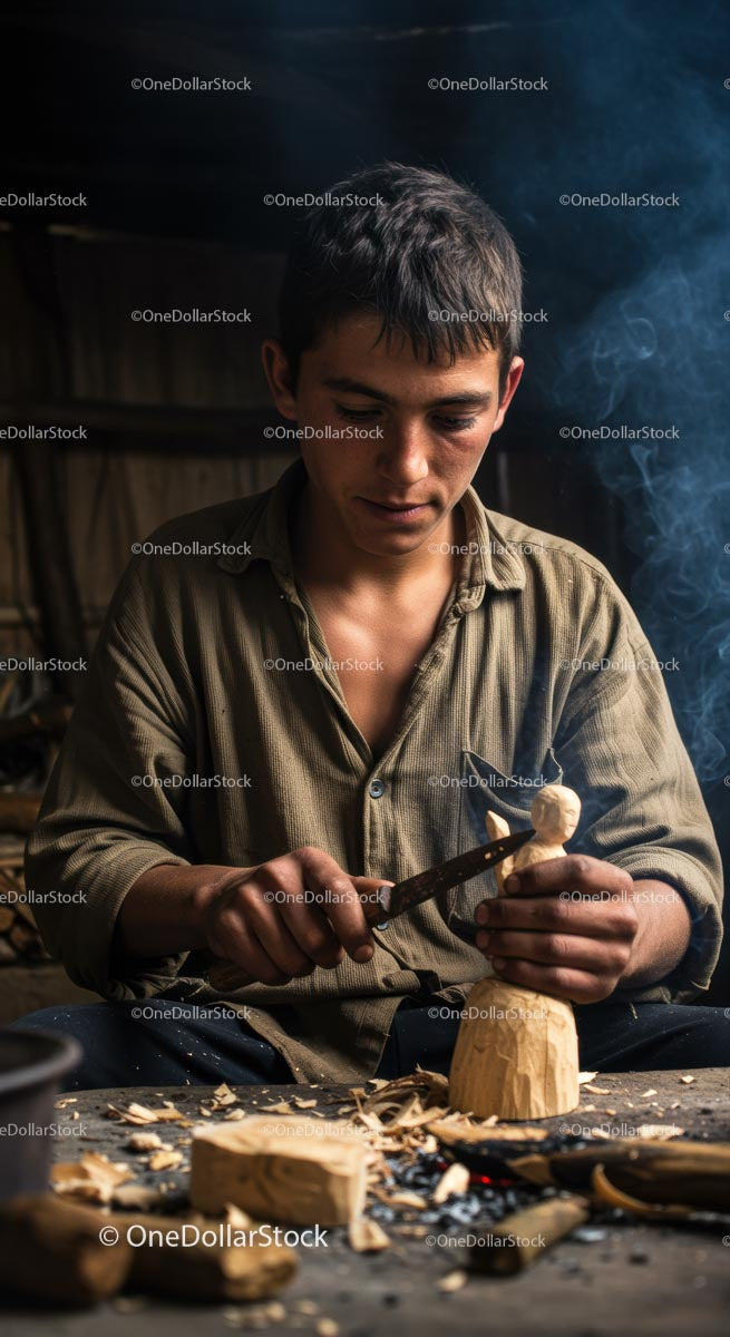 Focused Craftsman Skillfully Carving Wood Sculpture