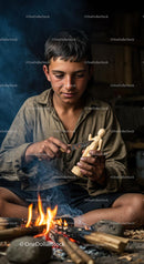 Young Artisan Carving a Wooden Figurine by Firelight