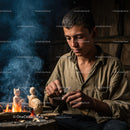 Young Craftsman Carving Wooden Figures by the Hearth