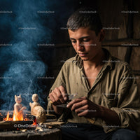 Young Craftsman Carving Wooden Figures by the Hearth