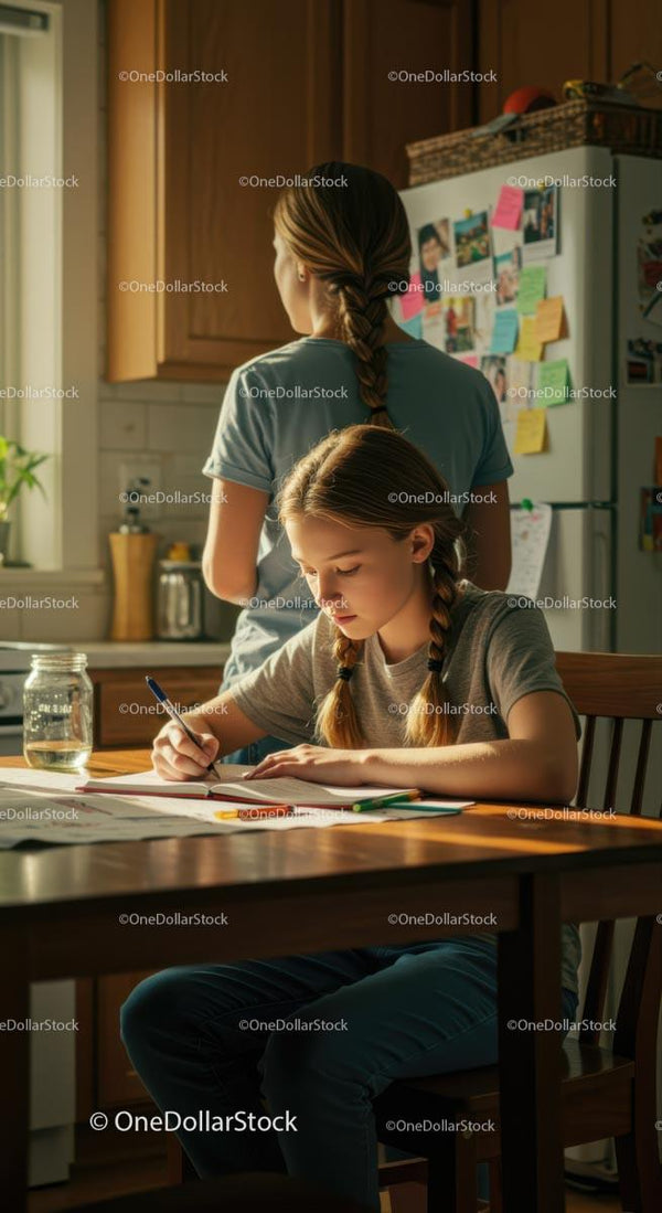 Girl Focused on Homework at Kitchen Table