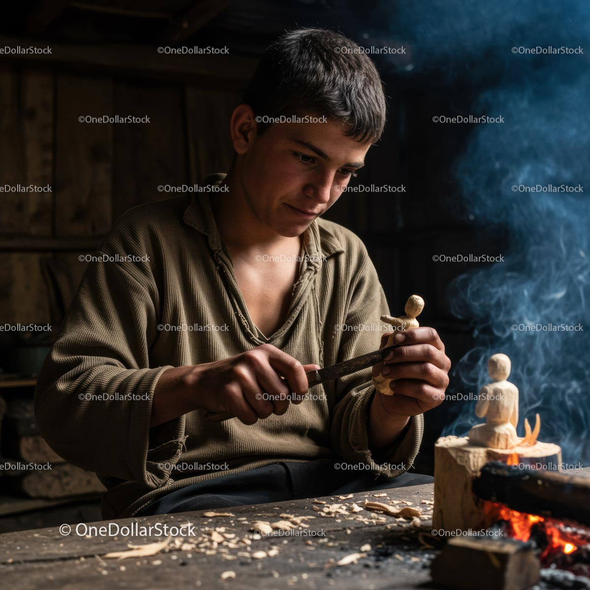 Skillful Artisan Carving Wood in a Rustic Workshop