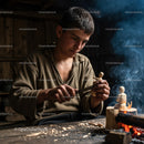 Skillful Artisan Carving Wood in a Rustic Workshop