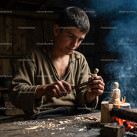 Skillful Artisan Carving Wood in a Rustic Workshop