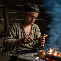 Young Artisan Carving Wood Beside a Fire