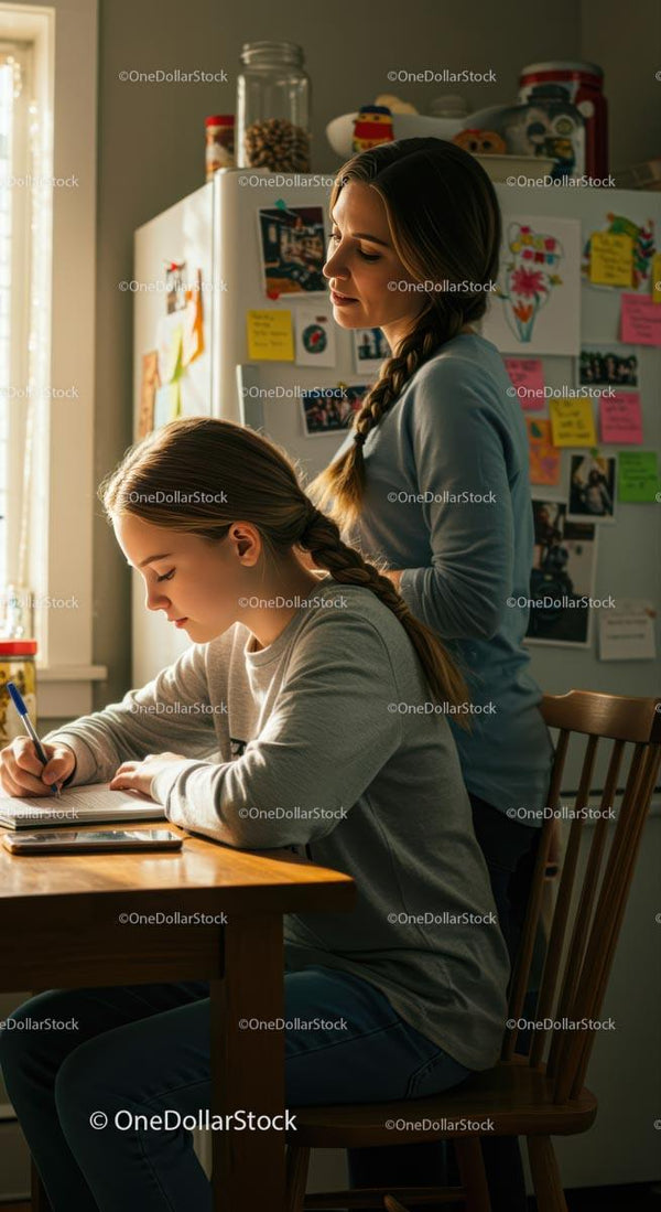 Mother Helps Daughter with Homework in Cozy Kitchen