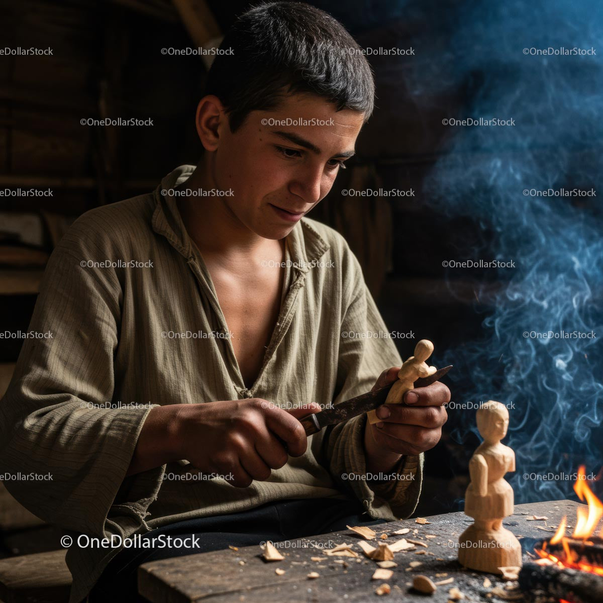 Young Artisan Carving Wooden Sculptures in Rustic Workshop