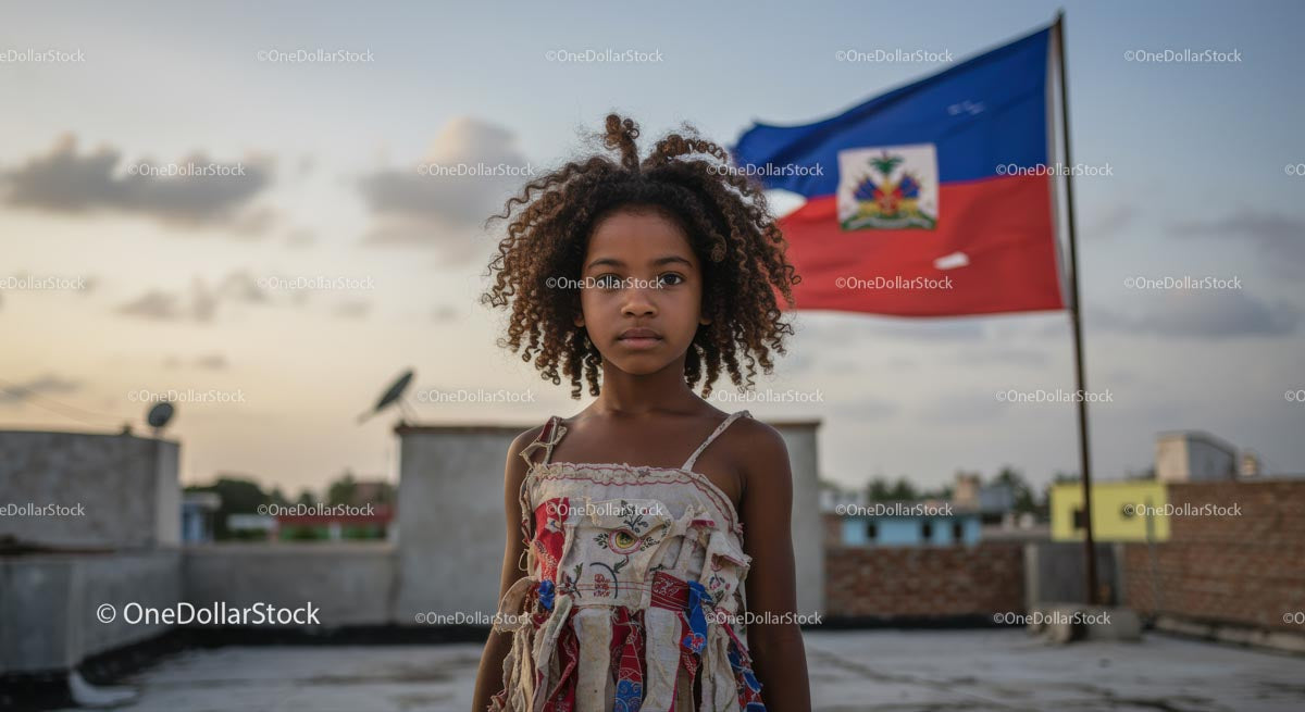 Młoda dziewczyna z flagą Haiti na dachu o zachodzie słońca