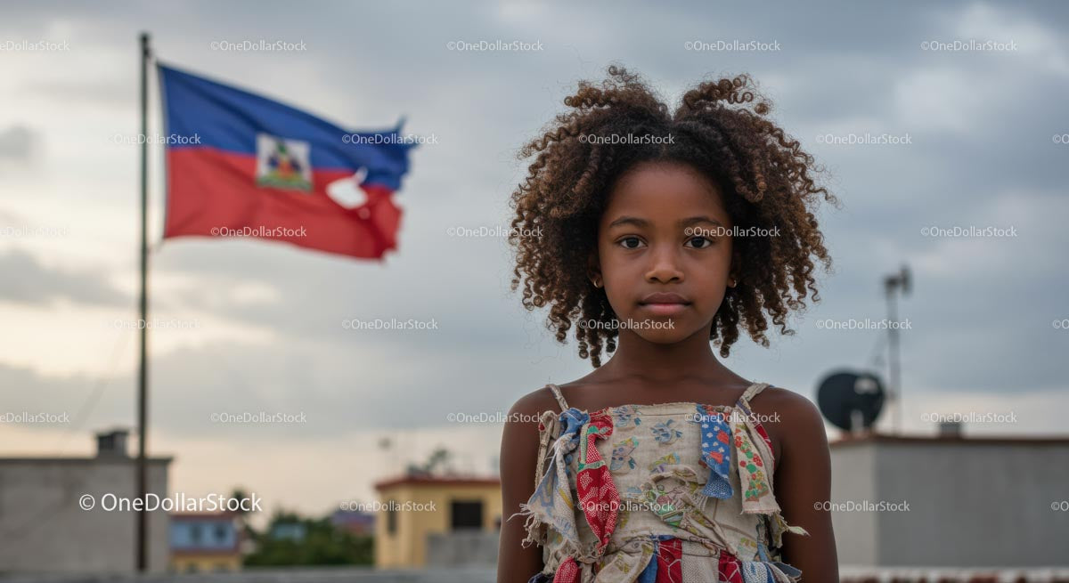 Młoda dziewczyna stoi dumnie przed flagą Haiti