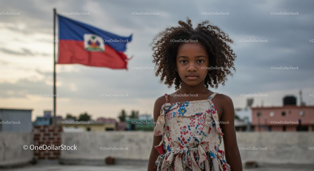 Młoda dziewczyna na dachu z flagą Haiti