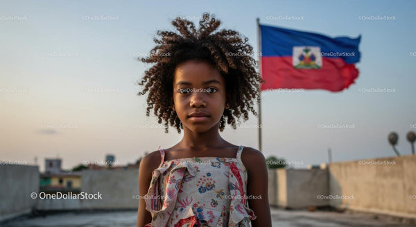 Młoda dziewczyna z kręconymi włosami na tle flagi Haiti
