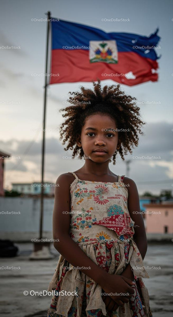Młoda Dziewczyna Dumnie Stojąca z Flagą Haiti w Tle