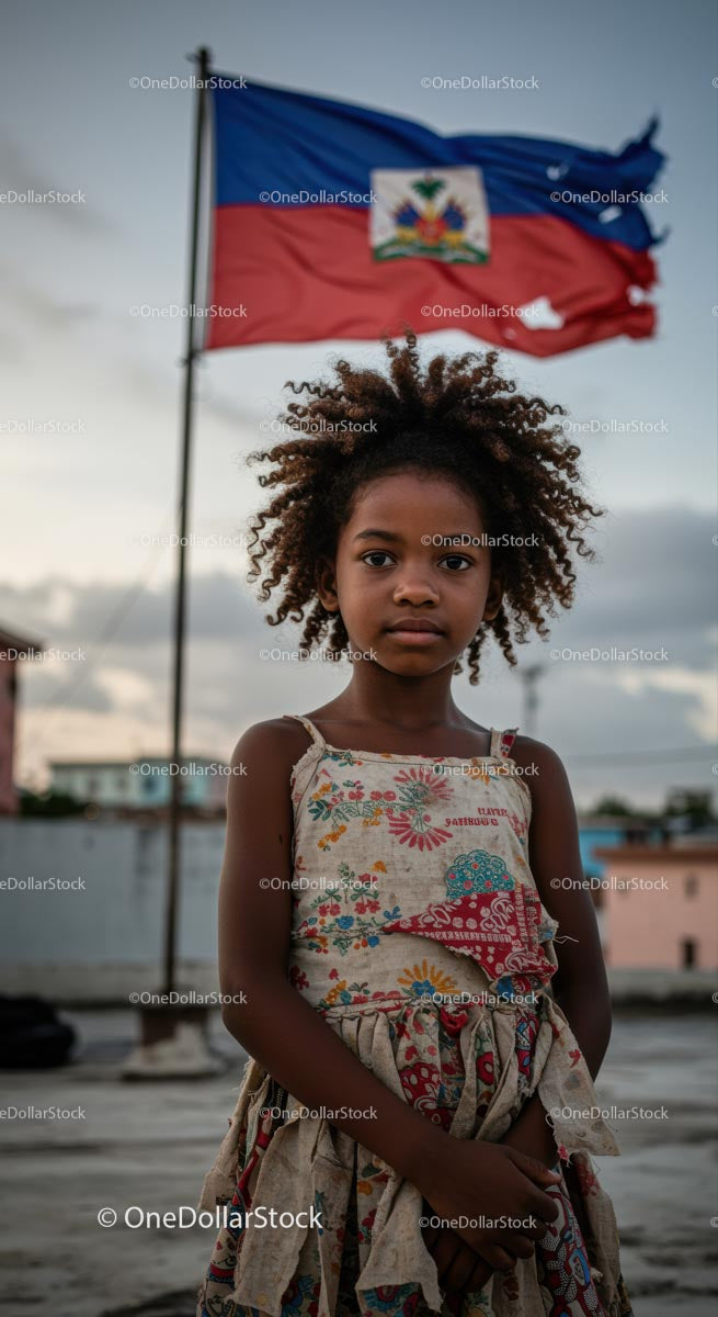 Young Girl Standing Proudly with Haitian Flag in Background