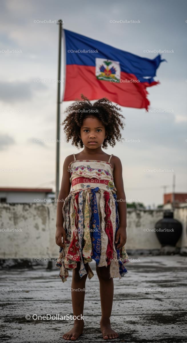 Młoda dziewczyna w kolorowej sukience na tle flagi Haiti