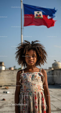 Young Girl in Floral Dress with Haitian Flag