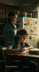 Mother and Daughter Bonding Over Homework in Cozy Kitchen