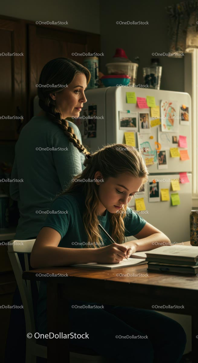 Mother and Daughter Bonding Over Homework in Cozy Kitchen