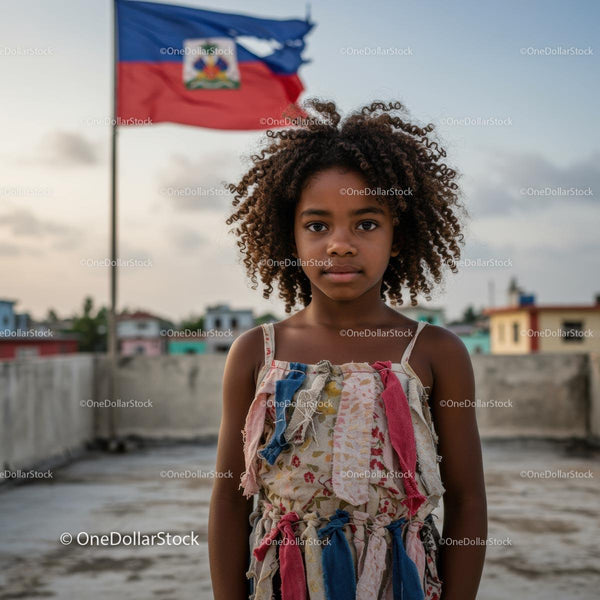 Młoda Dziewczynka z Kręconymi Włosami i Flagiem Haiti o Zachodzie Słońca