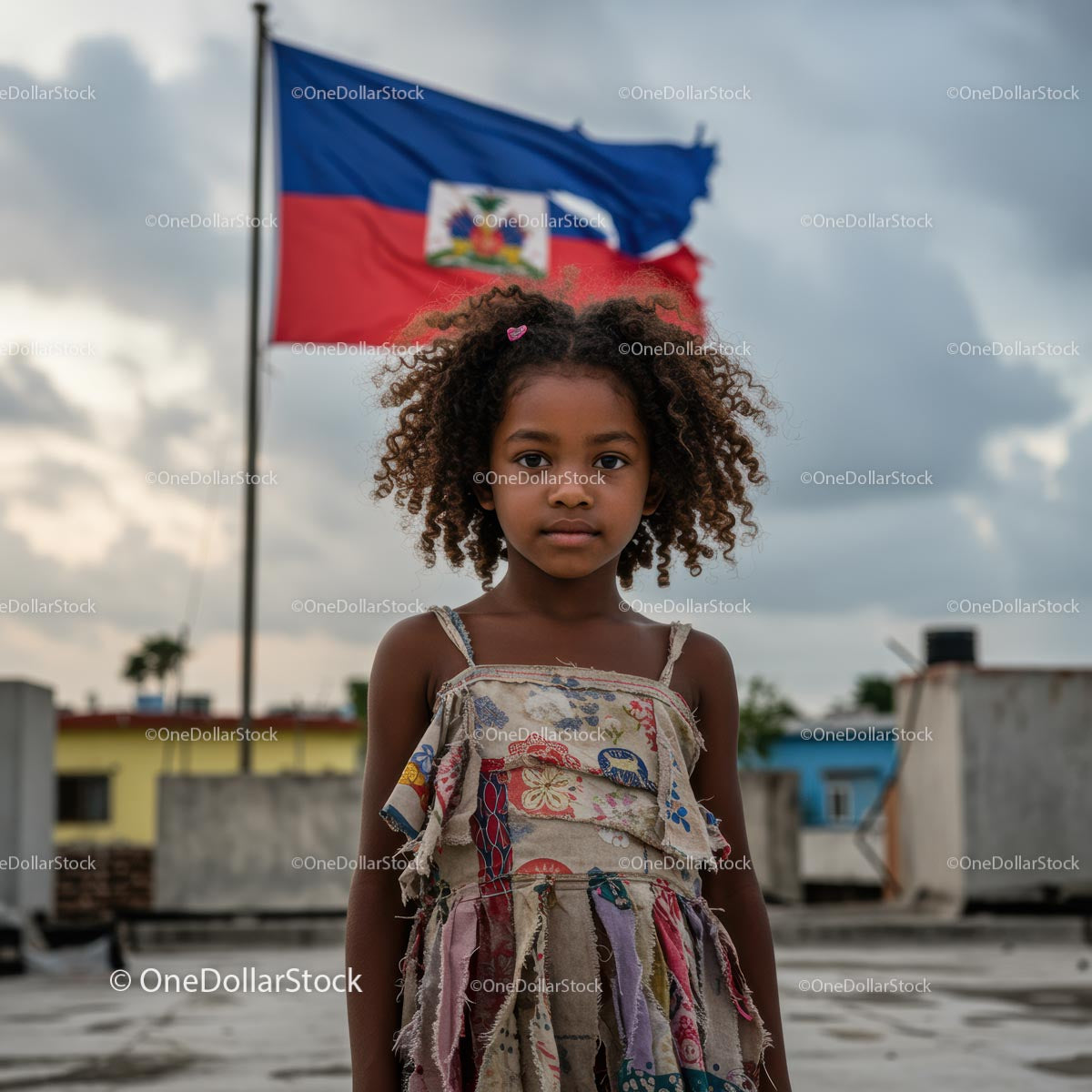 Młoda dziewczyna w kolorowej sukience z flagą Haiti w tle