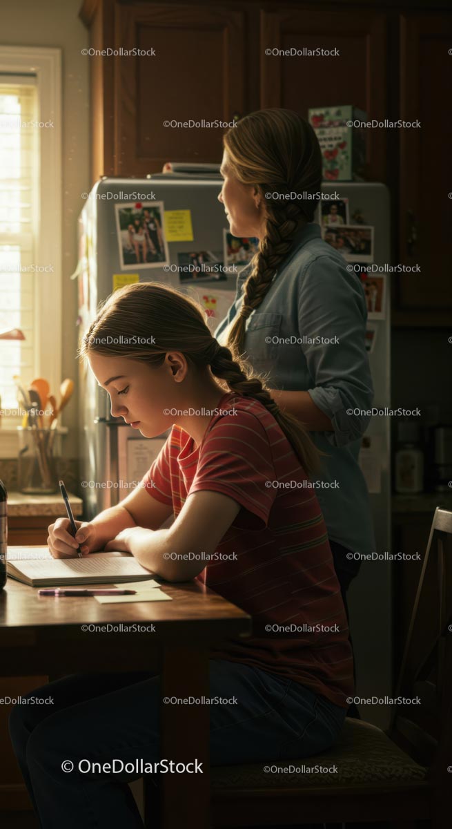 Focused Teen Studying in Sunlit Kitchen