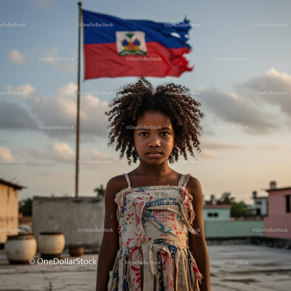 Młoda dziewczyna stojąca przed flagą Haiti o zachodzie słońca