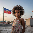 Young Girl on Rooftop at Sunset with Island Flag