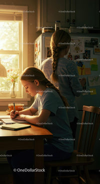 Girl Studying at Sunlit Kitchen Table with Quiet Focus