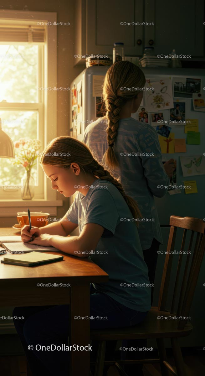 Girl Studying at Sunlit Kitchen Table with Quiet Focus