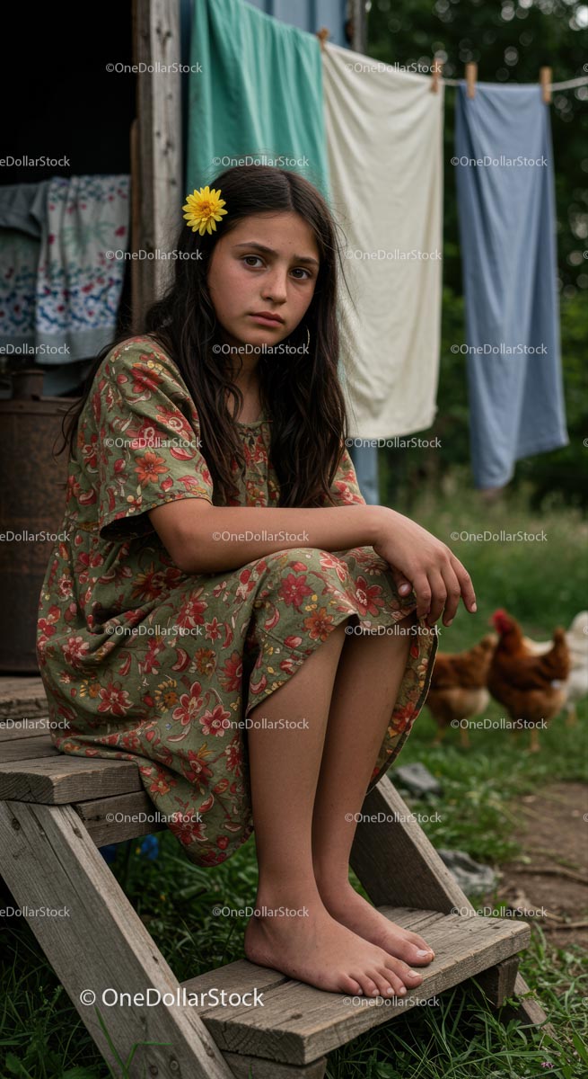 Contemplative Girl in Floral Dress with Chickens
