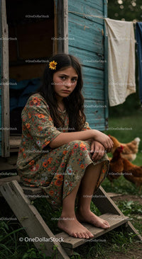 Young Girl with Yellow Flower in Rustic Countryside