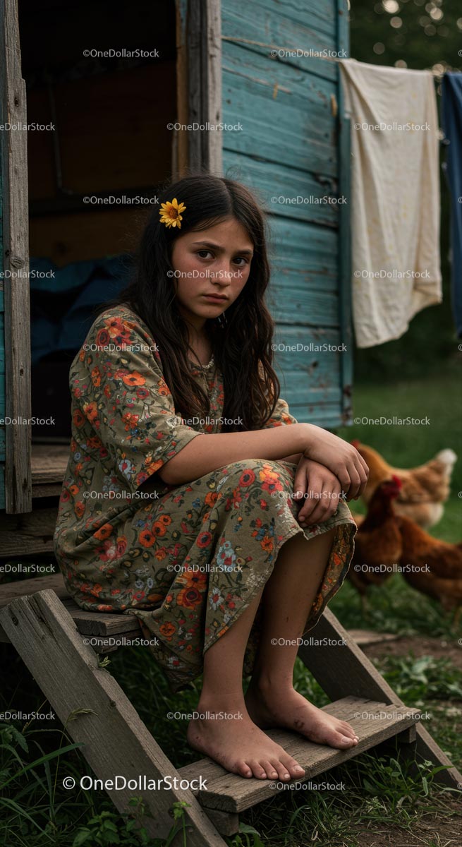 Young Girl with Yellow Flower in Rustic Countryside