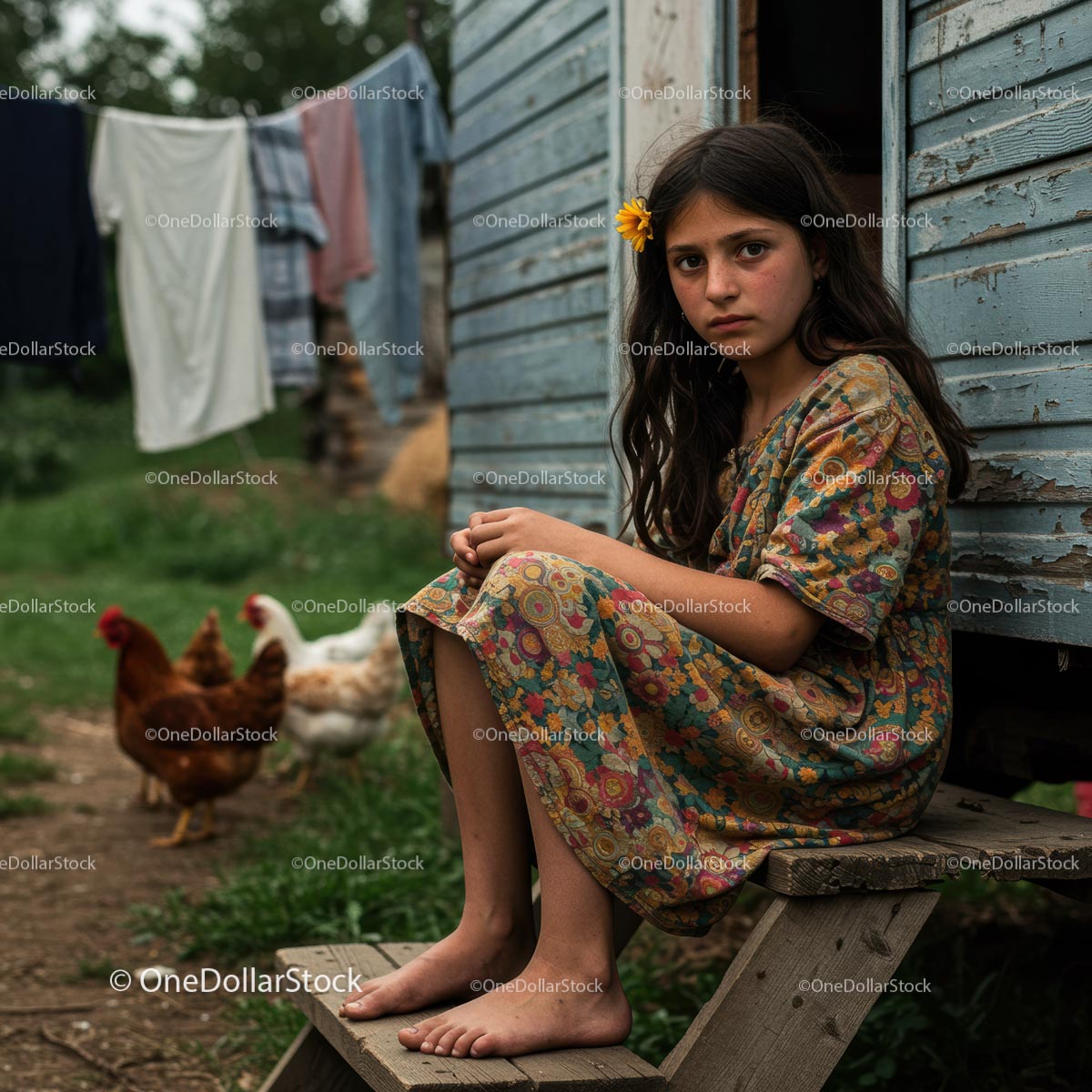 Young Girl in Floral Dress by Rustic Cabin with Chickens