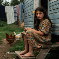 Young Girl in Floral Dress by Rustic Cabin with Chickens