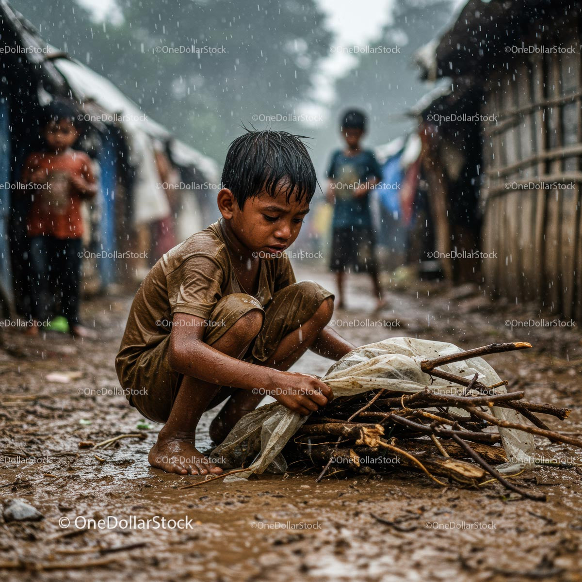 Child Gathering Sticks in Rainy Village Setting