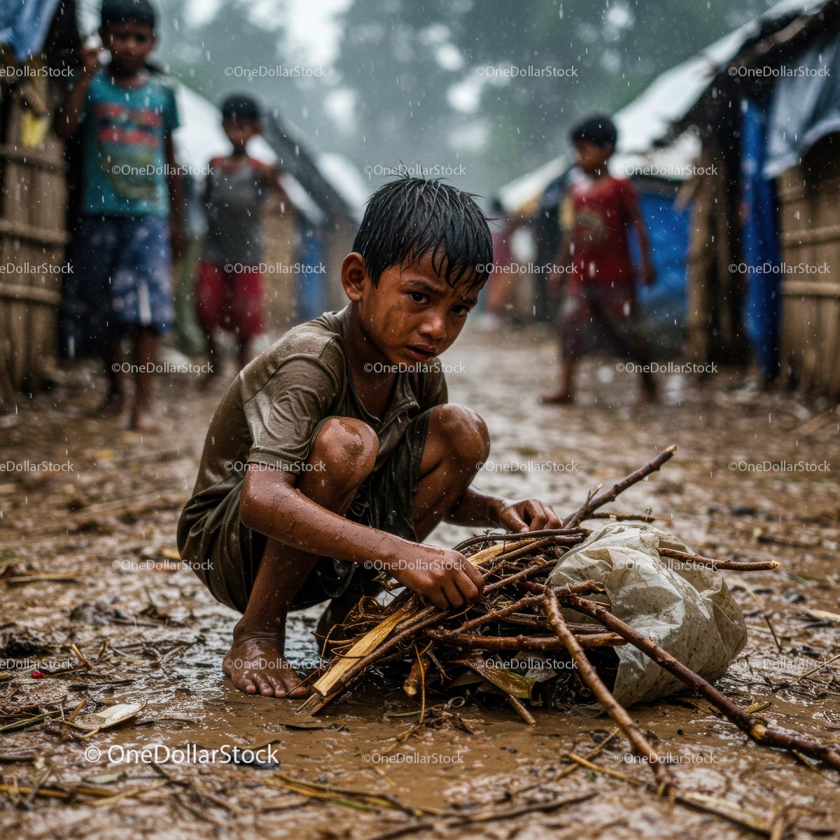 Child Collecting Firewood in Rainy Village Path
