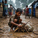 Child Collecting Firewood in Rainy Village Path