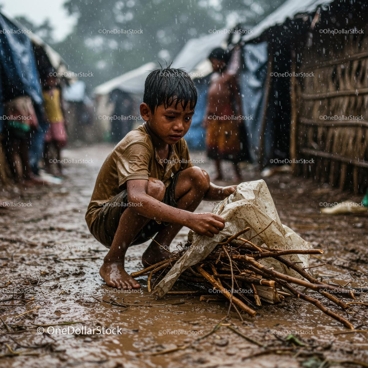 Resilient Child Gathering Sticks in Rainy Village