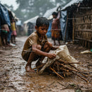 Resilient Child Gathering Sticks in Rainy Village