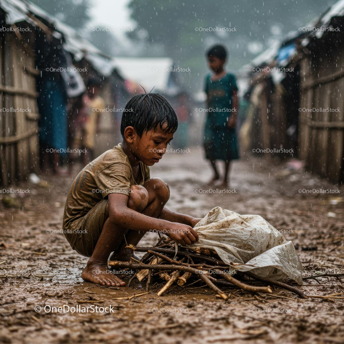 Child Gathers Firewood in Rainy Rural Setting