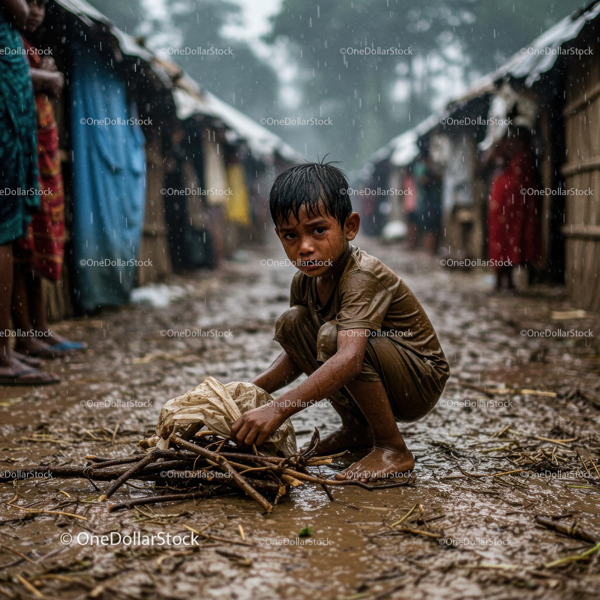 Child Collecting Sticks in a Rainy Village Street