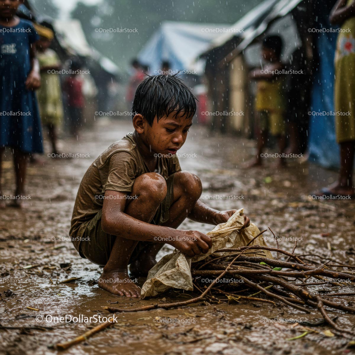 Child Gathering Sticks in Rainy Rural Village